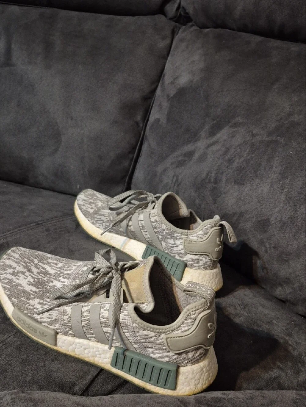adidas Men’s Gray Knit NMD Sneakers with Green Accents